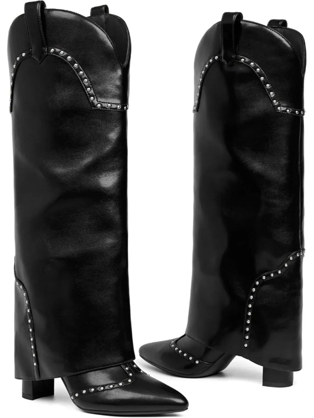 Women's Black Stud Pointed Toe Chunky Heel Faux Leather Over The Knee High Boots